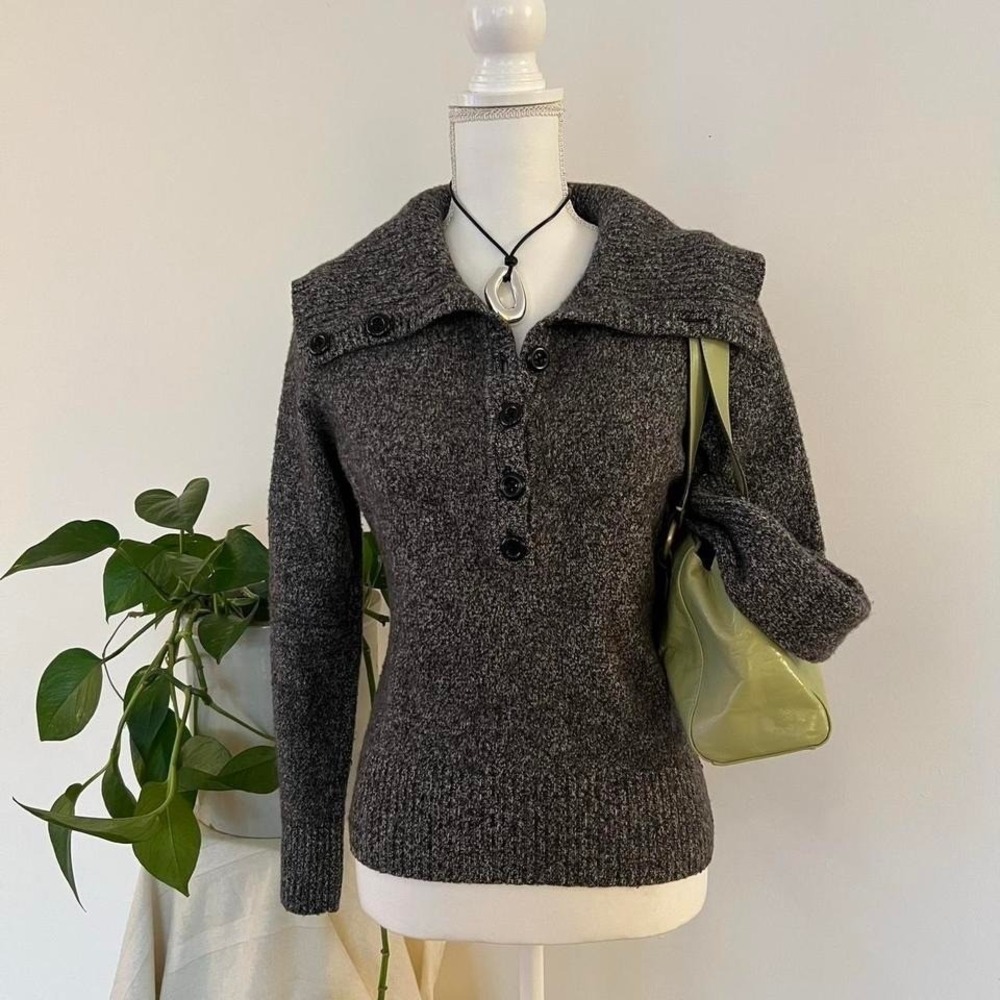 Angora Cashmere Wool Sweater Gray by Loft Convertible Button Collar Premium